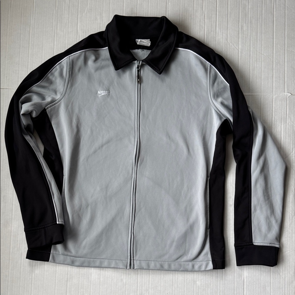 Speedo Fleece lined Collar Collared Black and Gray full zip Jacket size L large